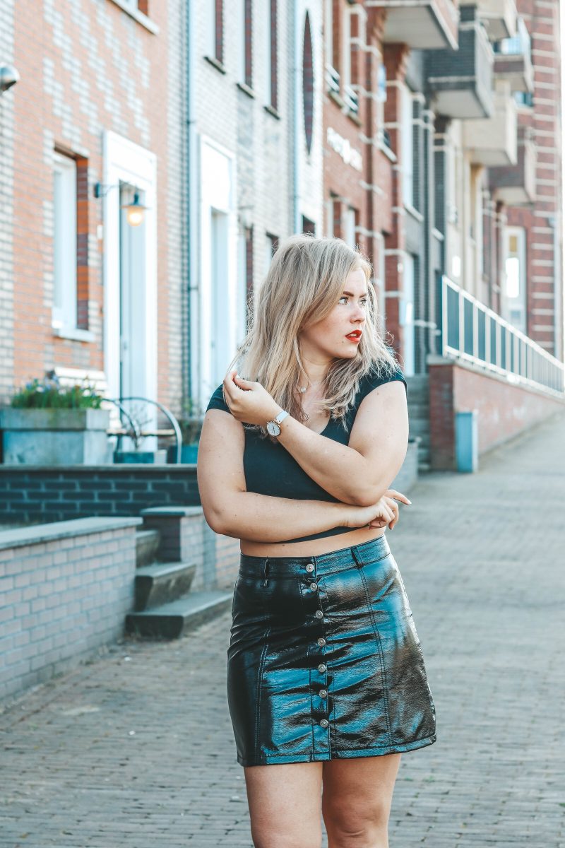 Leather skirt & black cropped top